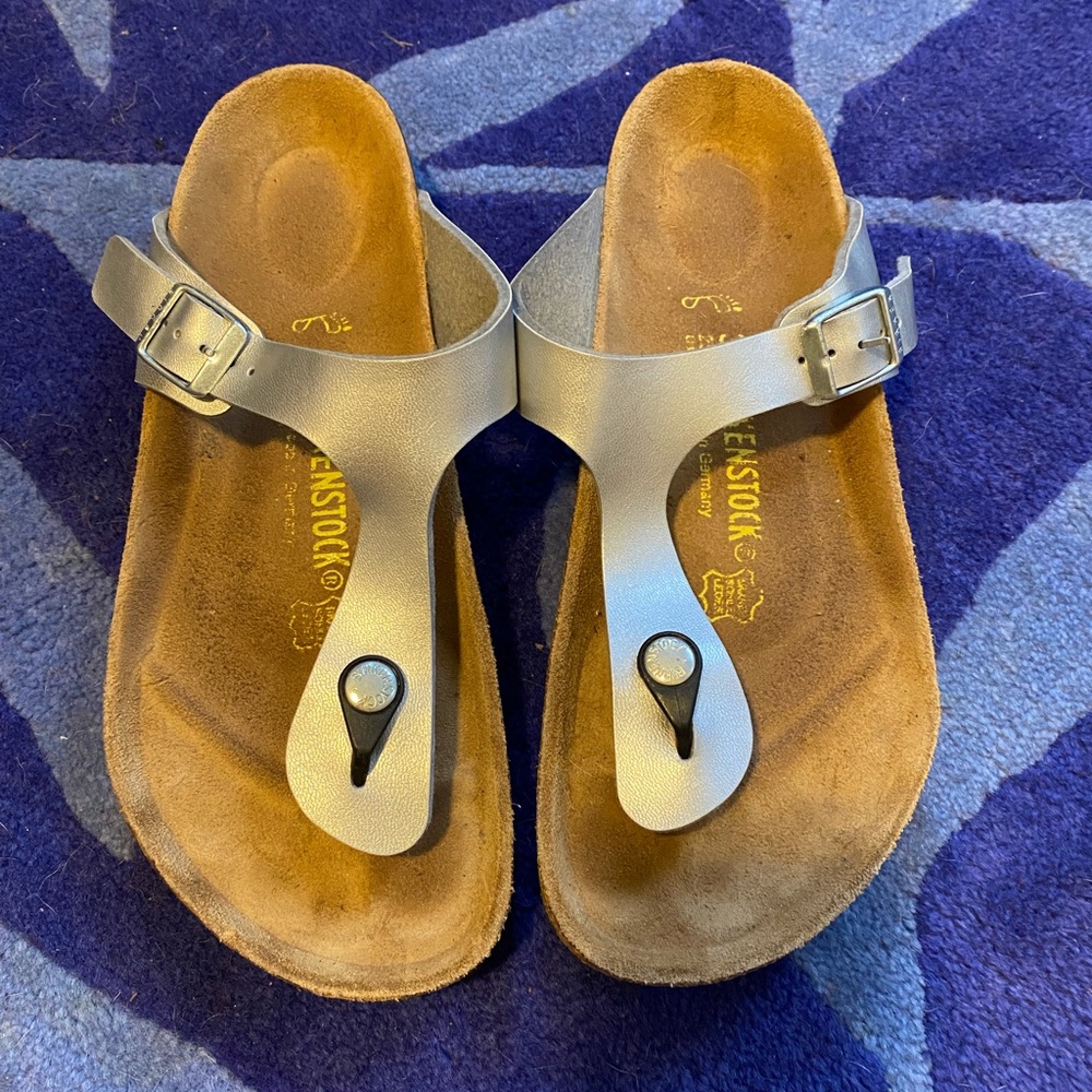 Birkenstock Silver Taupe T-Strap Sandals